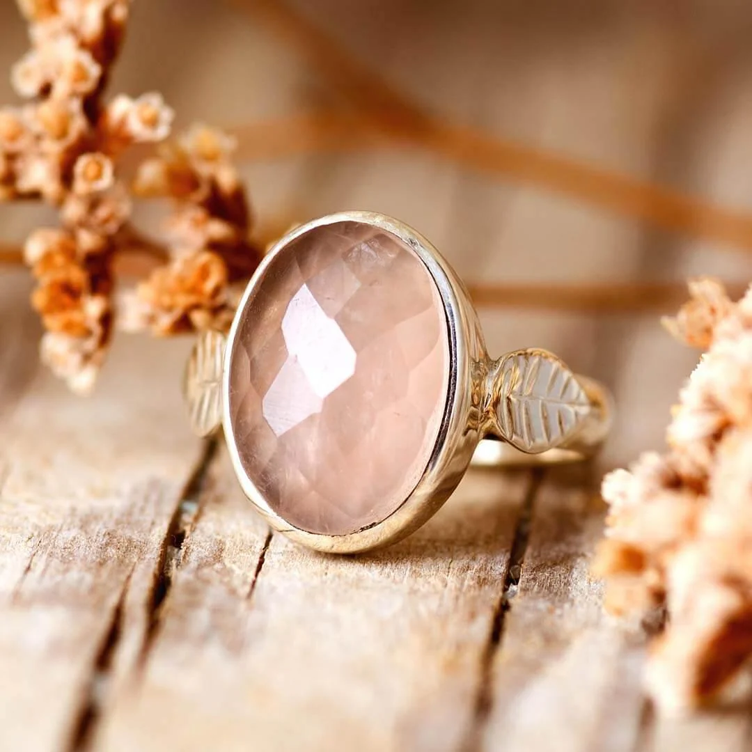 Rose Quartz Ring – Crystal of Love & Emotional Healing (Adjustable Leaf Design)