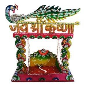 Tulsi Morpankh Handcrafted Wooden Jhula – जय श्री कृष्णा Design