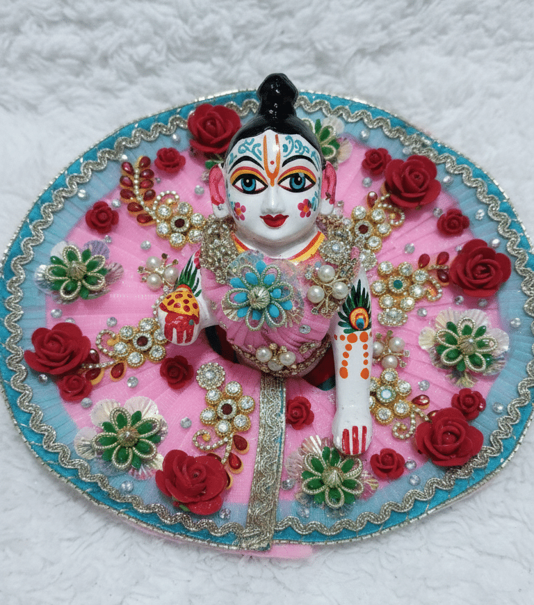 Elegant Pink Floral Laddu Gopal Ji Dress with Beaded and Pearl Embellishments