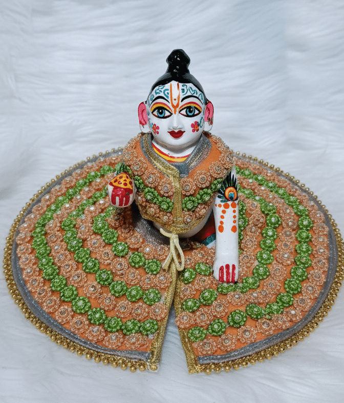 Golden-Orange and Green Embroidered Laddu Gopal Ji Dress with Pearl Border