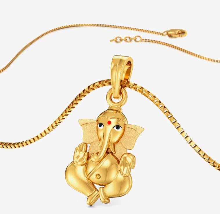 Tulsi Lord Ganesha Gold-Tone Pendant with Chain (Unisex Spiritual Jewellery)