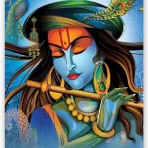 Divine Krishna with Flute Spiritual Wall Art – Vibrant Peacock Theme (Canvas Print)