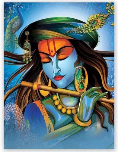 Divine Krishna with Flute Spiritual Wall Art – Vibrant Peacock Theme (Canvas Print)