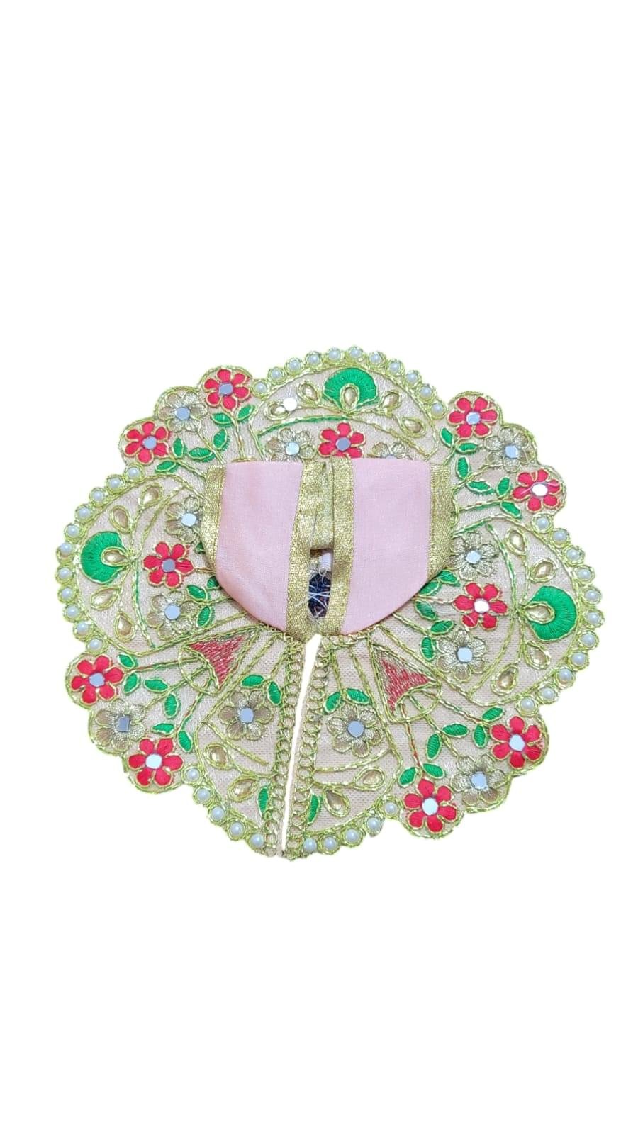 Tulsi Laddu Gopal Dress – Pink Floral Embroidery with Green & Golden Highlights