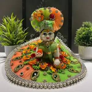 Tulsi Green-Orange Floral Laddu Gopal Dress with Designer Pagdi and Pearl Border