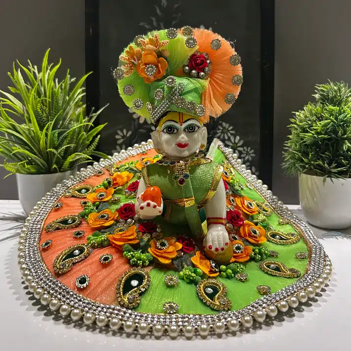 Tulsi Green-Orange Floral Laddu Gopal Dress with Designer Pagdi and Pearl Border