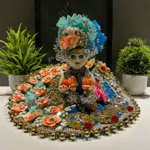 Tulsi Floral Beaded Designer Laddu Gopal Dress with Krishna Leela Print & Accessories