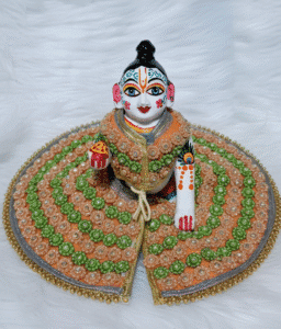 Golden-Orange and Green Embroidered Laddu Gopal Ji Dress with Pearl Border